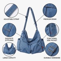 Sac à bandoulière décontracté rétro vintage bohème en jean et toile pour femmes et hommes, sac messager tendance avec chaînes et rivets