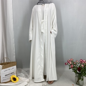 Nouvelle arrivée 2025, élégante abaya ouverte en Nida avec dentelle florale assortie et poches, couleur unie noir et blanc pour femmes musulmanes 1461 # - Product Image 4