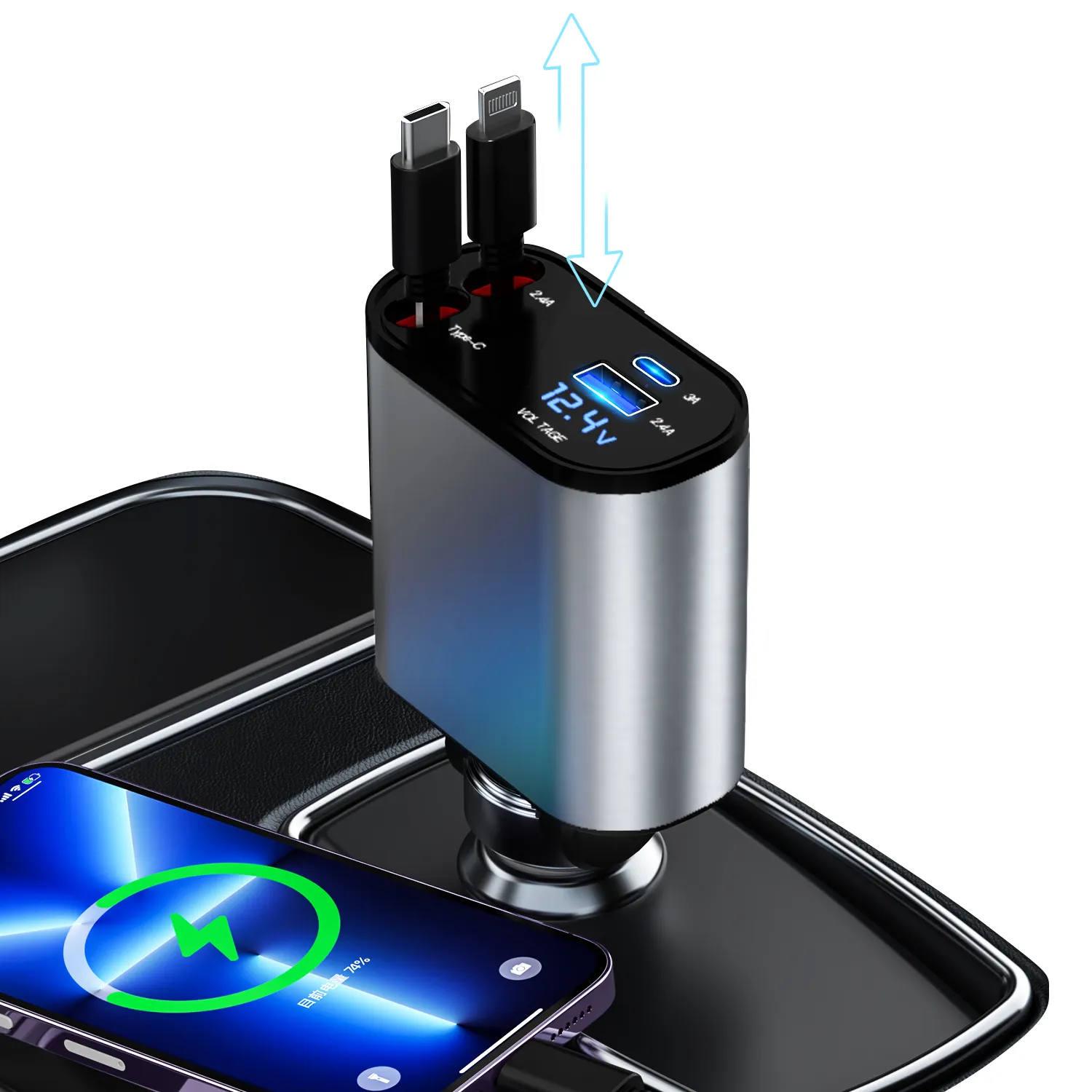 नया निर्माता डायरेक्ट सप्लाई रिट्रैक्टेबल कार चार्जर 60W 4 इन 1 सुपर फास्ट चार्ज कार फोन चार्जर