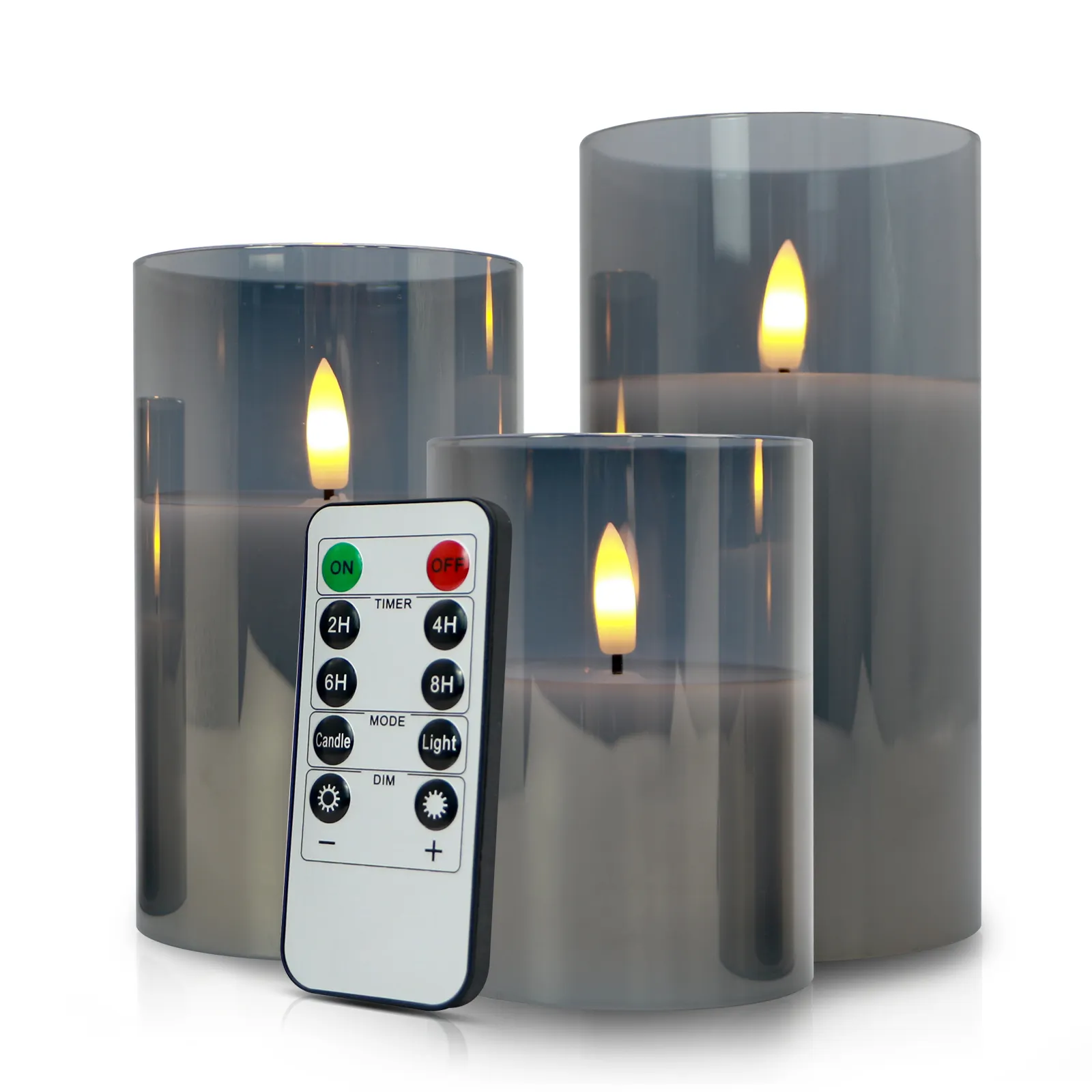 Candele a colonna in vetro bianco grigio chiaro con candela a led di natale elegante senza fiamma con telecomando