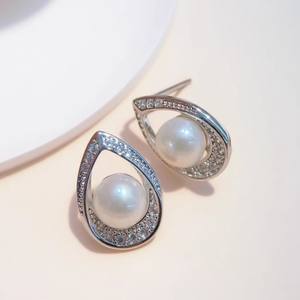 DIY Pearl Accessories S925 <b>Silver</b> <b>Stud</b> Earrings with 8-9mm Round Beads Empty Earnail Tray Fashion <b>Silver</b> Jewelry - Product Image 1