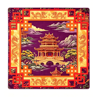 Tapis de jeu de Mahjong vintage, motif paysage oriental de pagode et dragon doré, cadre à double treillis orange, base violet foncé, cadeau de fêtes