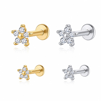 S925 Sterling Silber Spiralblumen-Knorpelohrringe, Zirkon-Stern-Ohrstecker, Flachboden-Piercing-Stift