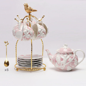 Service à thé en porcelaine royale de luxe de style européen, motif en relief rose, écologique, collection café et thé très vendue, coffret cadeau - Product Image 4