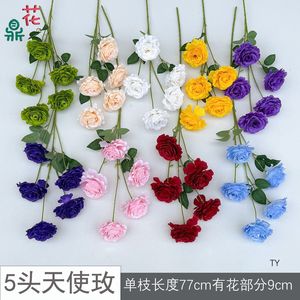 Flor de Seda Rosa Ángel de Cinco Cabezas Hua Ding, Realista, para Decoración de Bodas, San Valentín y Hogar - Product Image 2