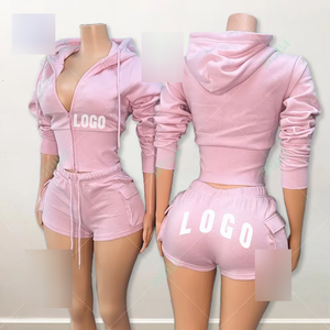 Ensemble de vêtements de sport pour femmes, sweat à capuche et short en coton French Terry à fermeture éclair, logo personnalisé - Product Image 4
