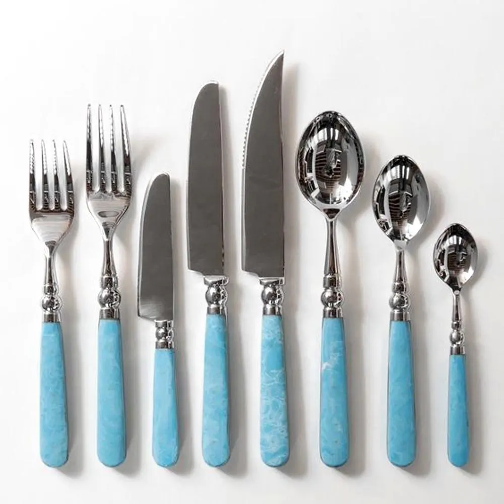 Luxuoso Fabricado na Índia Comprar a Bom Preço Elegante Design Aço Inoxidável Blue Bone Handle Talheres Set Acabamento Polido