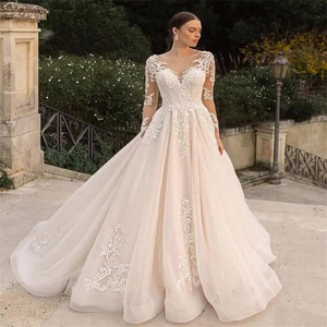Abiti da Sposa Moderni a Prezzo di Fabbrica, Nuovo Modello Semplice in Pizzo, Sexy con Piccolo Strascico, Aderente, Maniche Lunghe, Applicazioni Floreali, Stile Sirena - Product Image 2