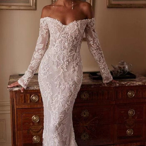S3626L Nouvelle robe de mariée sirène élégante et romantique à manches longues et épaules dénudées avec broderie en dentelle amovible - Product Image 1