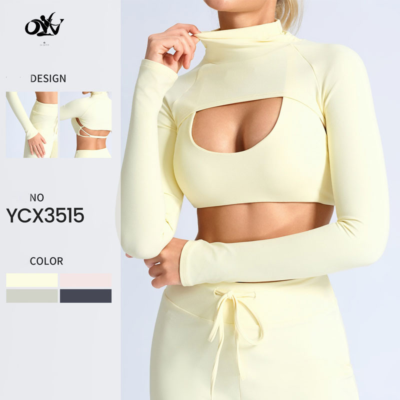 Wholesale fashionable hollow cut high neck fitness top long sleeve sexy gym t shirt for ladies sports outfit