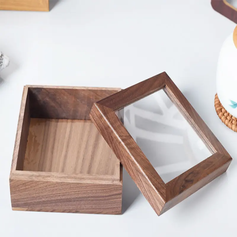 Customized luxury solid wood gift display bamboo wood box with glass lid
