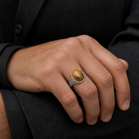 Bague pour homme en argent sterling 925 de style vintage Kaanjewelry, plaquée rhodium, avec pierre œil de tigre ovale, pour tous les jours et les anniversaires