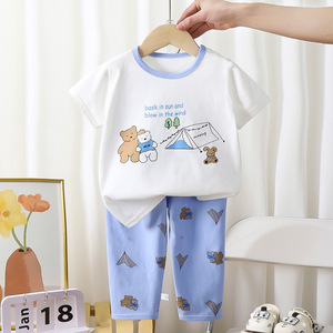 <span class=keywords><strong>Pyjama</strong></span> d'été pour enfants à manches courtes en pur coton à rayures animales et dessins animés pour garçons et filles - Product Image 6