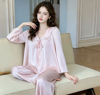 Pakaian Tidur Gaya Prancis Bahan Satin Poliester Tipis Model Kerajaan Manis Lucu Lengan Panjang Nyaman Dipakai untuk Tidur