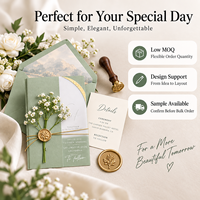 Cartes d'invitation de mariage personnalisées de luxe en acrylique, design arche vert sauge avec enveloppe, sceau de cire et fleurs séchées