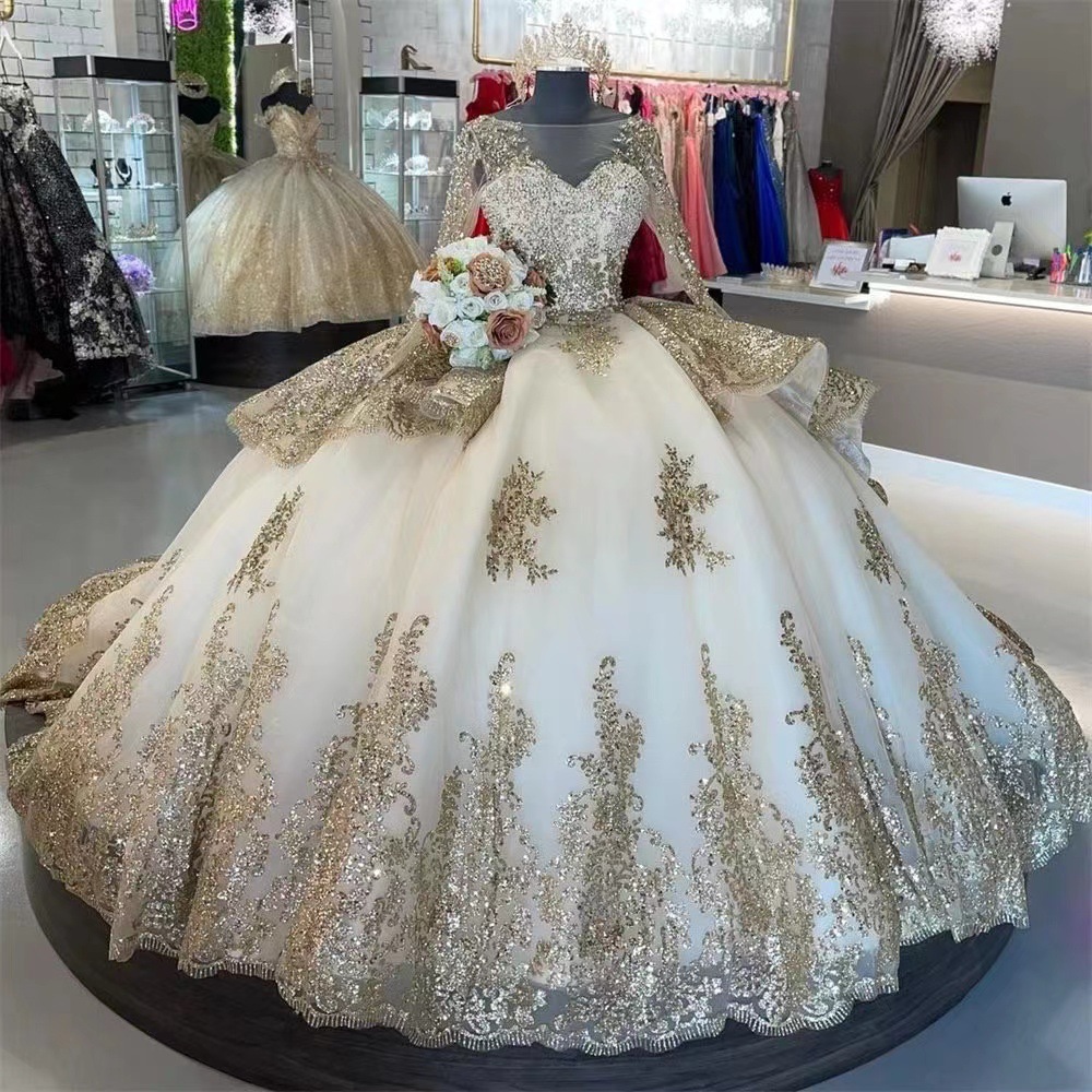 gold and champagne wedding dresses Ivory Floral Appliqued Champagne Off Shoulder Wedding Gowns Court Train Beaded Wedding Dresses AWD1650