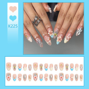 30 Uñas Postizas de Verano Azules Cromadas, Estilo Francés, Cobertura Completa, Almendradas Medianas, con Diseño Floral, Duraderas y Reutilizables - Product Image 1