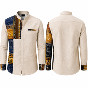 African Men's Casual <b>Shirts</b> <b>Patchwork</b> Ethnic Print Mandarin Collar Long Sleeve Cotton Linen Custom Logo Resort Wear - Product Image 2