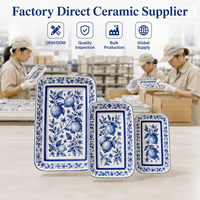 Ensemble d'assiettes rectangulaires en céramique bleu et blanc personnalisées avec motif floral citronné, plat de service en céramique, fournisseur en gros OEM ODM
