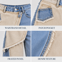Jean large pour femme, patchwork bicolore, coupe irrégulière, bords effilochés, denim color block, pour un style urbain
