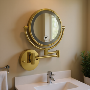 Miroir de maquillage mural LED Db de 8 pouces avec extension de 12 pouces, grossissement 1X 3X, finition dorée, cadre métallique rond double face - Product Image 2