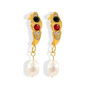 Boucles d'oreilles imperméables en acier inoxydable plaqué or, perles pendantes, cristaux rouges, verts et transparents, luxe pour femmes, mariage, fête - Product Image 1