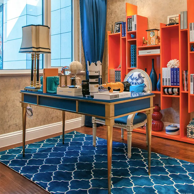 Muebles de oficina de lujo, diseño de madera azul, Mesa Ejecutiva de oficina, tapa de cristal, marco de acero inoxidable, escritorio de oficina duradero