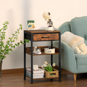 Table de chevet moderne convertible en bois massif à 3 niveaux avec tiroir en tissu et grand rangement, table d'appoint de chambre à coucher, brun vintage - Product Image 1