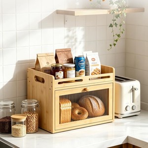 Boîte à pain en bambou avec tiroir et porte en verre, étagère de rangement de cuisine pour pain et en-cas, grande capacité, organisateur de comptoir - Product Image 1