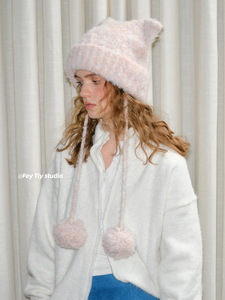 Automne hiver chaud chat oreille <span class=keywords><strong>pompon</strong></span> chapeau pour femmes personnalisable confortable pull-on laine casquette adorable doux pom-poms mignon polyvalent <span class=keywords><strong>bonnet</strong></span> - Product Image 4