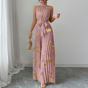 Combinaison plissée à col montant pour femme avec ceinture à nouer et imprimé floral doré - Product Image 4