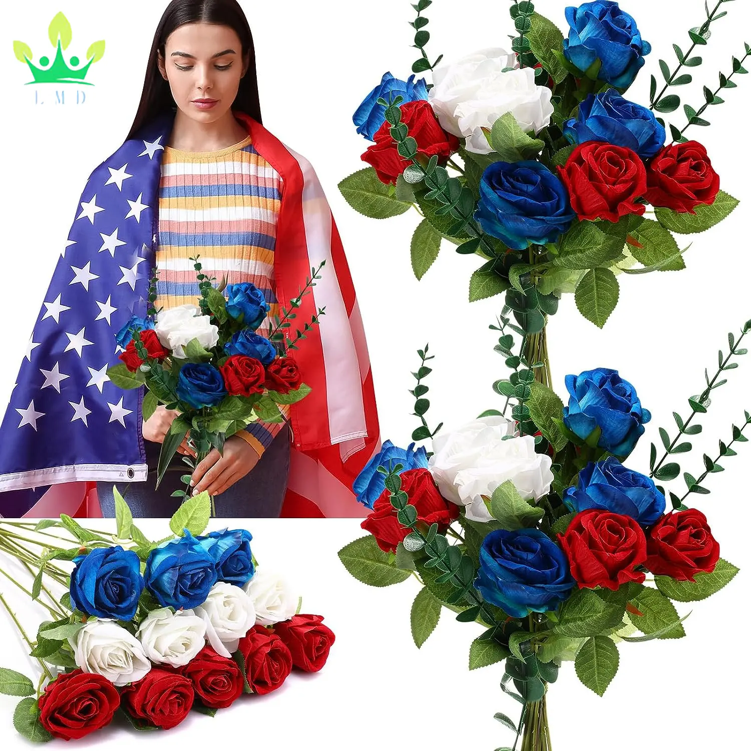 48 Pcs Bouquet Mémorial Patriotique Fleurs Artificielles 4 Juillet Fleurs Rouge Blanc et Bleu pour le Jour du Souvenir du Cimetière