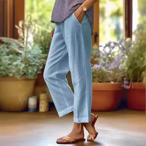 Cotton and <b>Linen</b> Women's <b>Pants</b> Loose Solid Elastic Waist Pocket Straight Leg Trousers Casual Tenths <b>Pants</b> Plus Size - Product Image 3