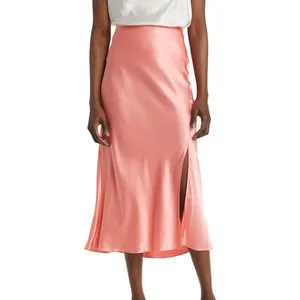 Custom Summer High Quality Elegant Blank Silk Midi Skirt Sexy Plain Side Slit Long Satin Skirts For Women