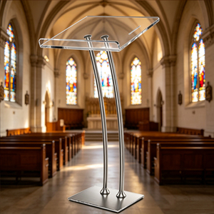 Elegante Leggio in Acrilico per Sermoni in Chiesa e Servizi Religiosi con Ampio Piano in Acrilico e Gambe in Metallo Argento - Product Image 1