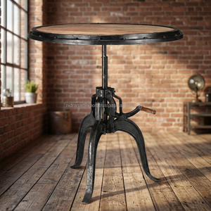 Industrial & Vintage Cast Iron Foldable Height Adjustable <b>Wooden</b> Round <b>Top</b> Crank Restaurant & Hotel Dining <b>Table</b> - Product Image 3