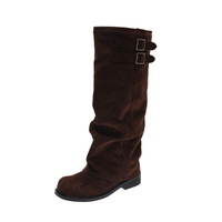 Bottes hautes en daim pour femmes, style décontracté, bout rond, talon bloc, double boucle, bottes de mode western, 3 couleurs