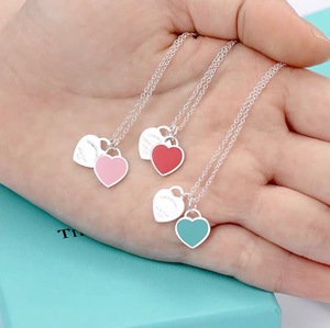 Collares de moda Corazones dobles Esmalte Drop-In Collares adhesivos Rojo Azul Rosa Colgantes Collares para mujeres - Product Image 6