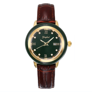 Montre de couple étanche 30M avec mouvement à quartz japonais et placage IP, cadran en jade Hetian vert et bracelet en cuir véritable, montres de luxe pour couple - Product Image 3