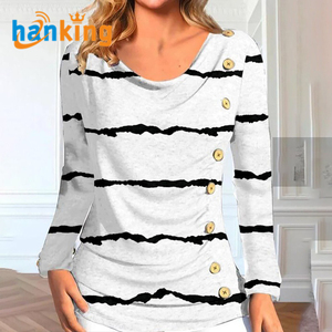 Hauts asymétriques à manches longues pour femmes col rond bouton décor froncé décontracté mélange de coton écologique imprimé par transfert de chaleur - Product Image 3