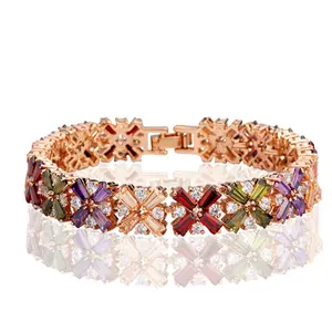 Crystal Fashion Indian Rose Gold Plated Colorful Tennis Cubic Zirconia Zircons Jewelry Bracelets Bangles For Women Wedding