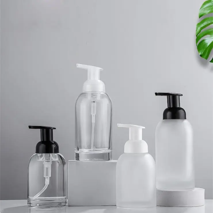 Commercio all'ingrosso di buona qualità 250ml 375ml glassato trasparente sapone per le mani in plastica pompa di bottiglia di vetro per schiuma liquida