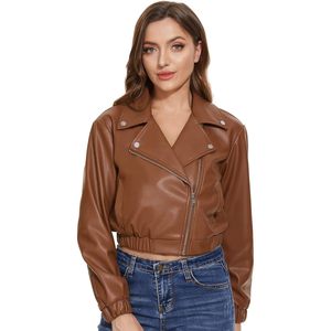 Chaqueta de piel sintética Fahsyee para mujer, chaqueta de motociclista de piel de oveja negra, abrigo corto informal de piel de moto de moda de 2017 - Product Image 3