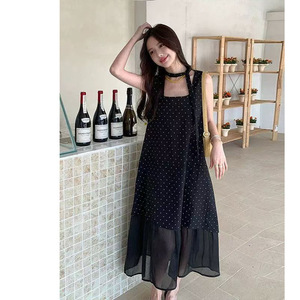 Elegant French Style Polka Dot Patchwork Asymmetric Sleeveless Long Dress For Women Daily City Commuting Natural Waistline - Product Image 2