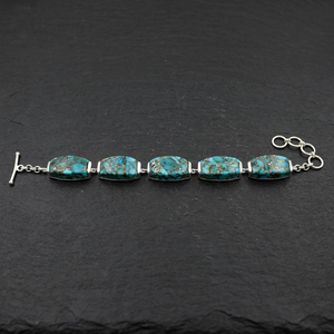 Gourik 925 Sterling <b>Silver</b> Natural Copper Turquoise Rectangle Multi Stone Bezel Set Geometric Link Toggle <b>Bracelet</b> Women's Party - Product Image 2