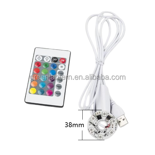 38mm Diameter RGB SMD 6 LED PCB Board 24 Keys Remote Control Wood Base Night Light Source 1.5m 5V USB Cable Wire Round Chip DIY
