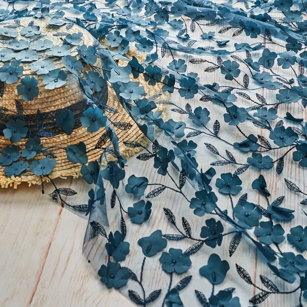 Design personalizado atacado bordado de tule de fantasia azul royal tecido de renda para casamento vestuário
