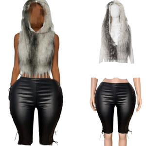 Viviblook Z1226ST02 <b>Women</b> Cropped Pants Set <b>Sexy</b> Hooded Sleeveless Fur Tank Top Lace Up Pu Skinny Pants <b>Outfits</b> 2 Pieces Set - Product Image 1