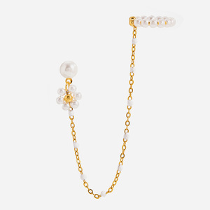 Clip-on Earrings Pearl Flower Design Gold Chain Women's Everyday Wear - Product Image 1