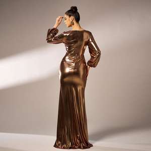 OEM, robe de soirée élégante taille haute longueur <span class=keywords><strong>au</strong></span> sol pour femmes, tissu brillant à volants et col en <span class=keywords><strong>V</strong></span> pour fête, bal - Product Image 4